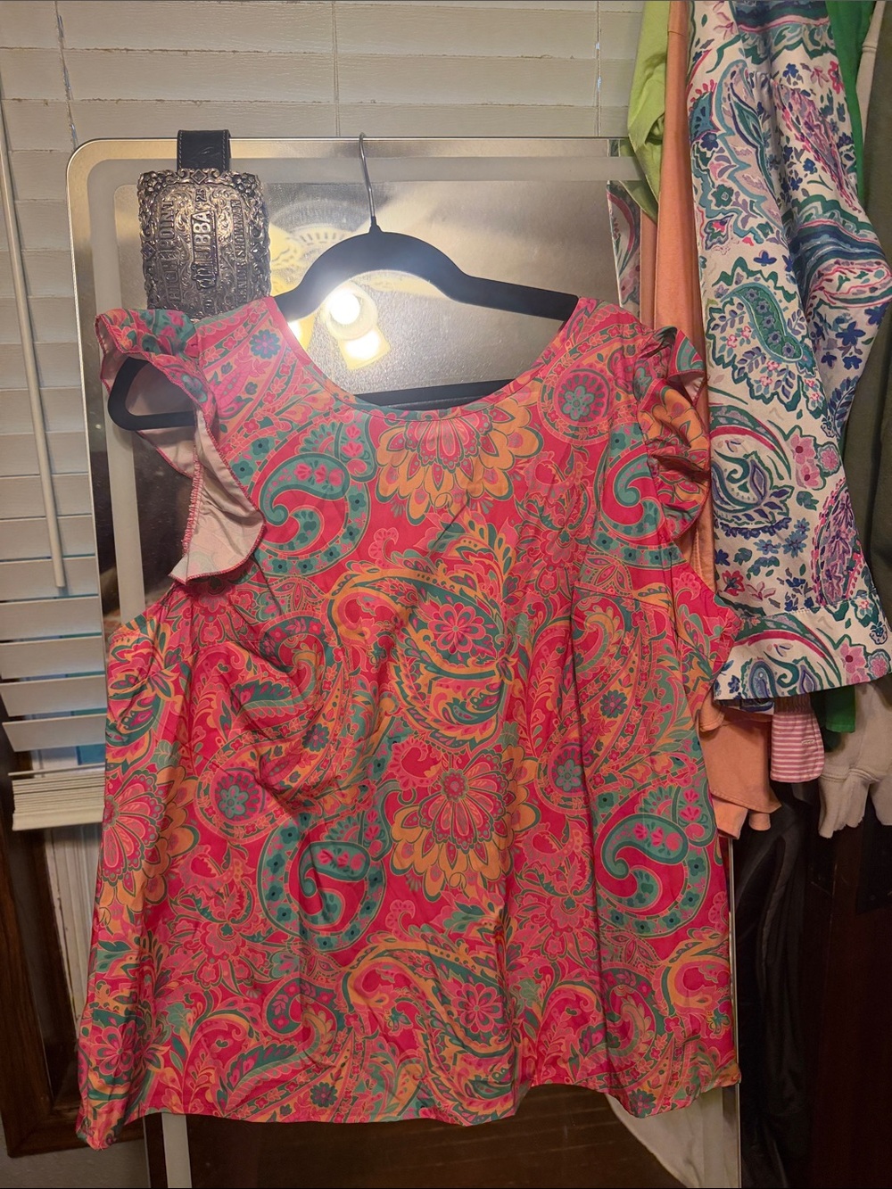 Women's Paisley Ruffle Sleeve Blouse - Pink & Teal